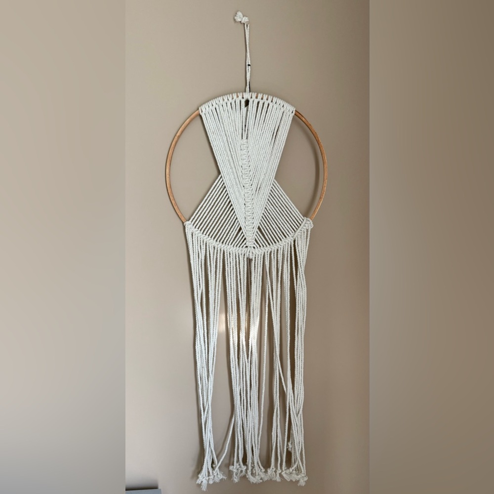 Boho Macramé Wall Hanging in Cream with Wooden Hoop Decor Macrame
